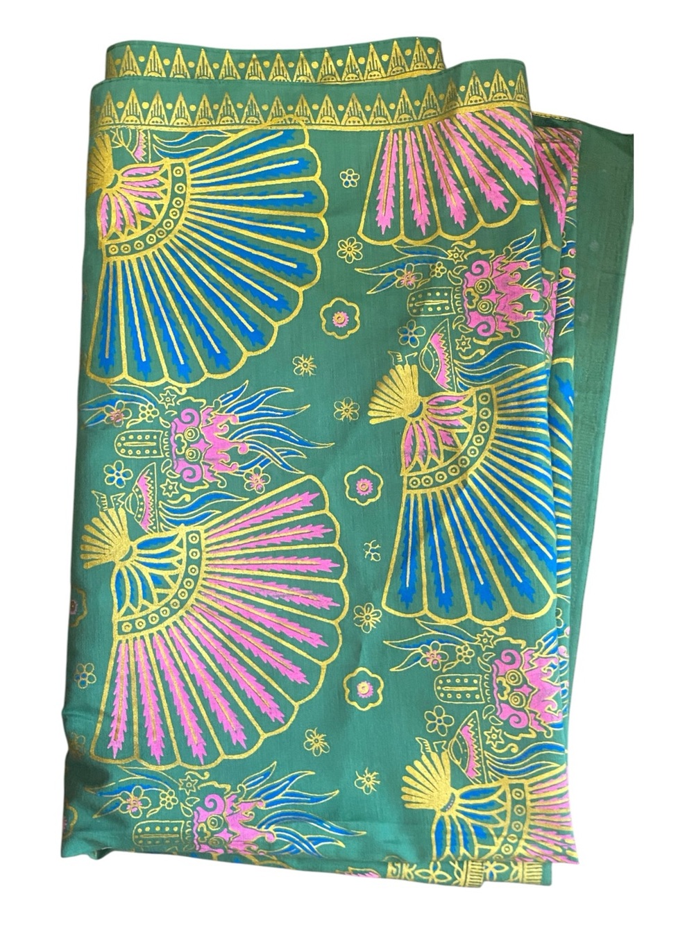 Malaysian Batik Green Floral Fan Pattern Fabric Accents Decorative Printed Pink